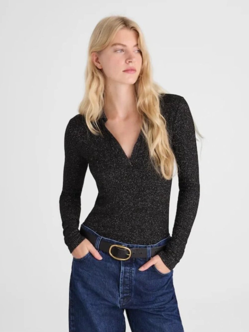 NWT Madewell | 2025 Sparkle Long-Sleeve Polo Top Black with Silver | Size Small
